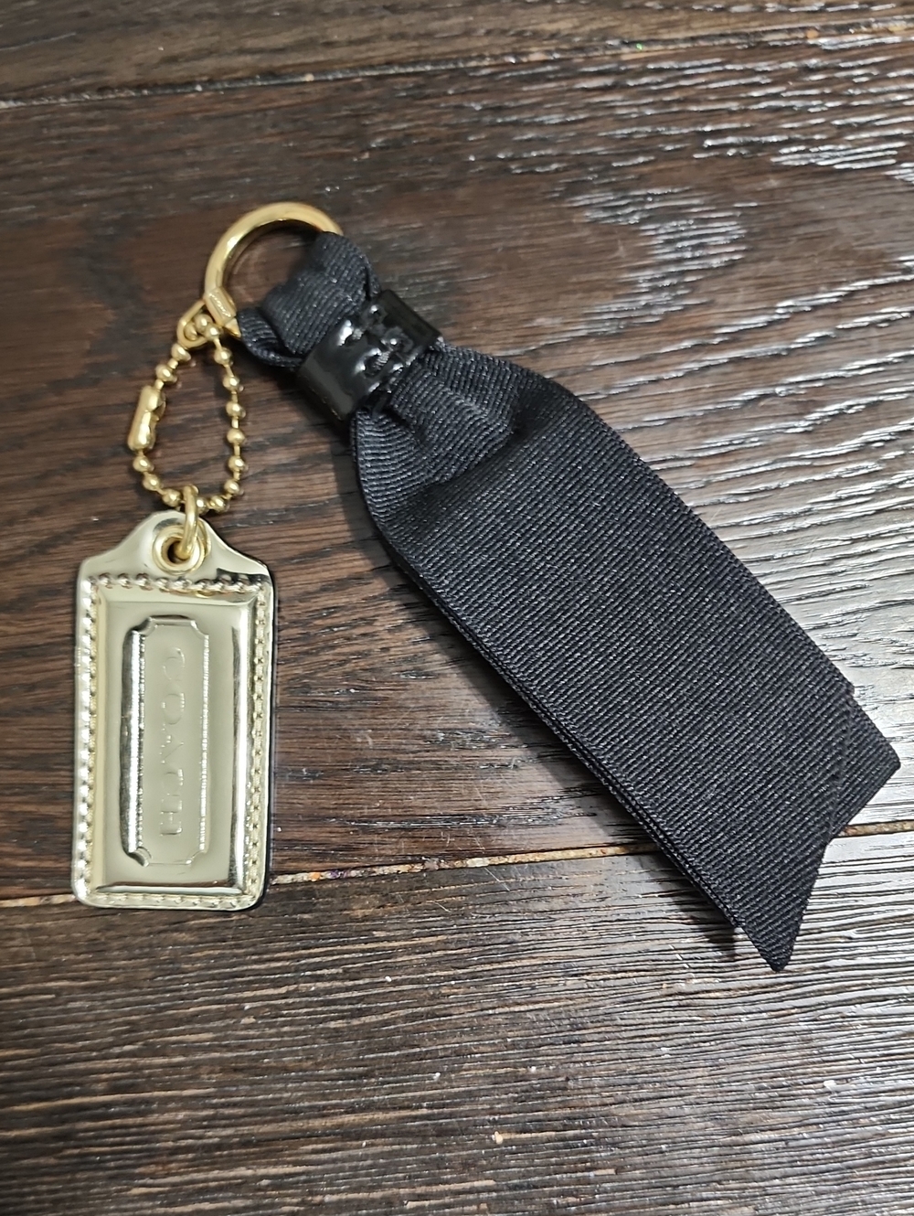 Coach VTG Black Ribbon and Gold-Tone Logo Tag Key Charm